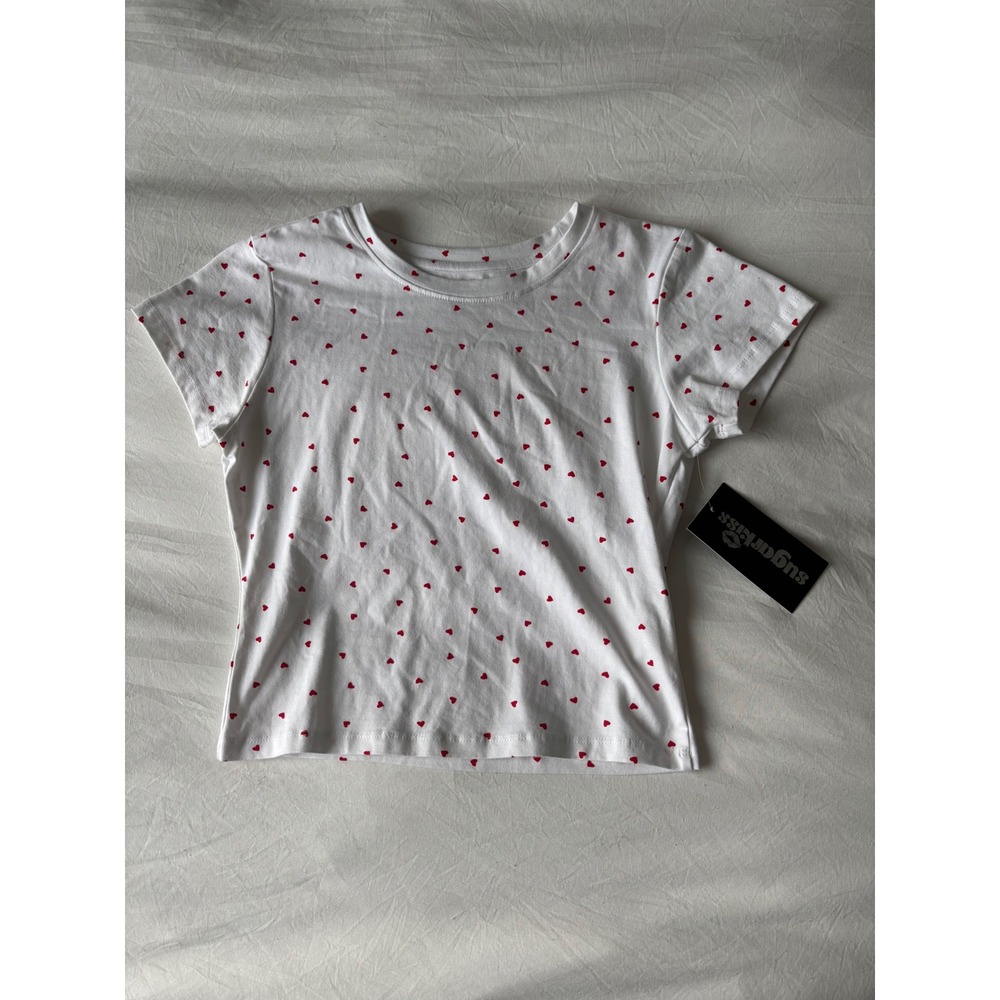 Sugarkiss Womens White Red Heart Print Short Sleeve T-Shirt Medium NWT
